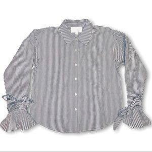 J.O.A Black and White Striped Bell Cuff Bow Cotton Collared Button Down Top